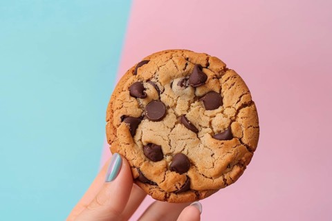 Woman's hand holding single chocolate chip cookie in front of pastel pink and blue background.