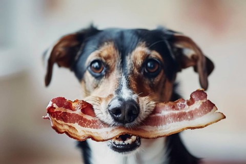 Portrait of dog holding slice of fried bacon in mouth. Generative Ai, AI generated