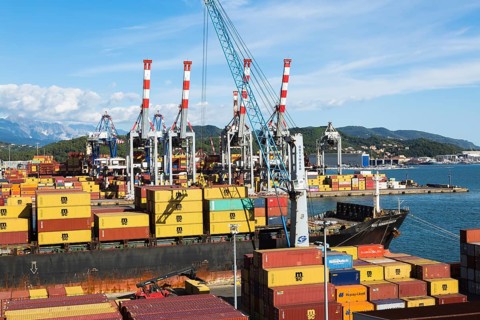 High angle view of stacked MSC, TEX and NileDutch metal box shipping containers loaded onto MSC