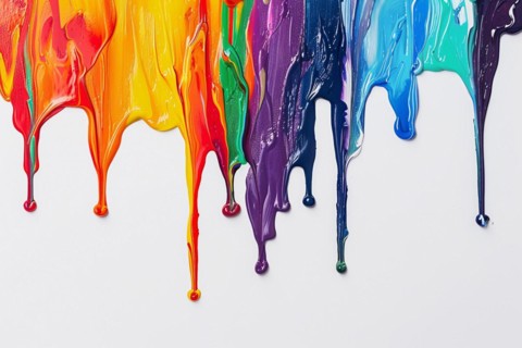 Thick acrylic or oil paint colors dripping from white wall. KI generiert, generiert, AI generated