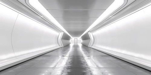 Futuristic long bright white hallway. Generative AI, AI generated