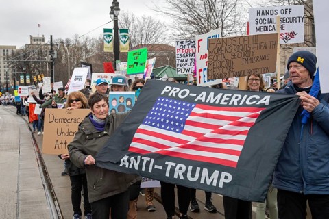 Detroit, Michigan USA - 5 April 2025 - A 'Hands Off' demonstration protests the Trump
