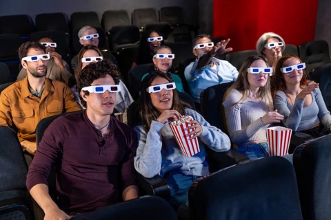 People of diverse ages wearing 3d glasses, eating popcorn, and watching a movie in a cinema,