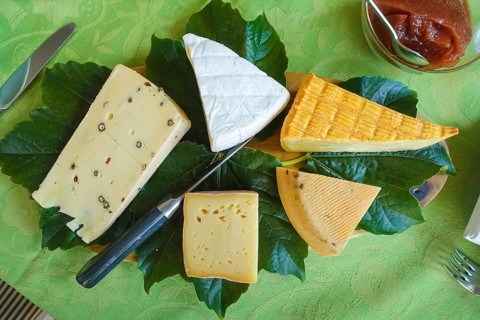 Cheese platter with different types of cheese, hard cheese arranged on vine leaves, knife,