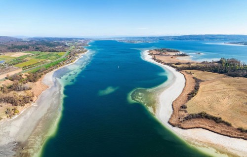 Aerial view, panorama of the Markelfinger Winkel in western Lake Constance, on the right the