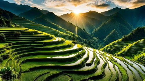 Early morning light bathes Philippines rice terraces cascading down mountain slopes, AI generated