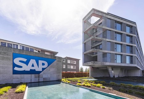 Logo and building of the listed software company SAP, headquarters. Walldorf, Baden-Württemberg,