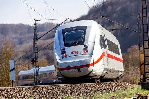 Deutsche Bahn AG ICE en route on the Swabian Alb near Amstetten, Baden-Württemberg, Germany, Europe