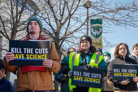 Detroit, Michigan USA - 8 April 2025 - Labor unions hold a 'Kill the Cuts' rally at Wayne State