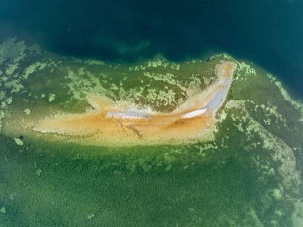 Aerial view, top down view of a shoal due to low water, drought, danger to shipping traffic, on the