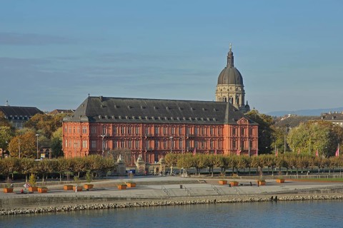 Baroque Electoral Palace and High Renaissance Christ Church with dome, riverside promenade, Rhine,