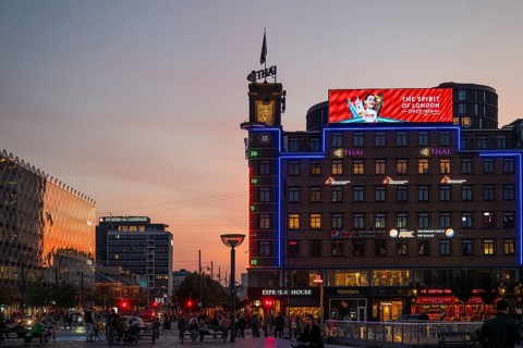 Neon sign, City Hall Square or Rådhuspladsen in the evening, Hans Christian Andersen's Boulevard,