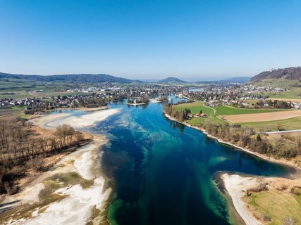Aerial view of Lake Constance at low tide, Untersee, also known as Lake Rhine, which flows into the