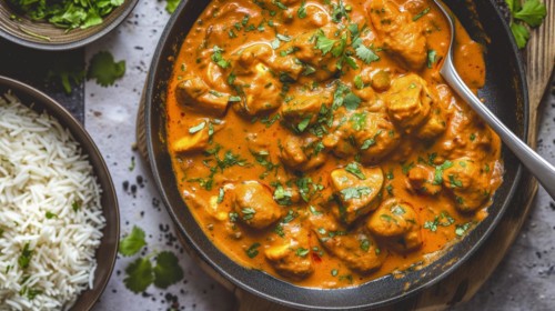Tikka Masala Vegan, Indian Mushroom Curry served with rice and garnished with fresh coriander, KI