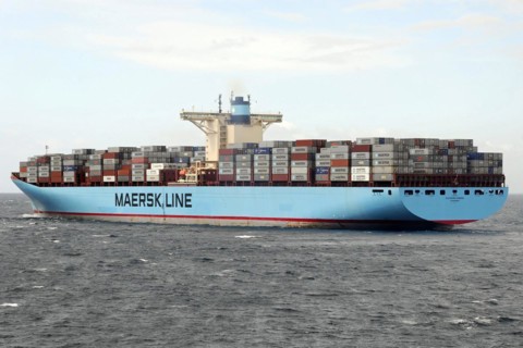 Large Maersk Line container ship loaded on the high seas under a bright blue sky, Morocco, Africa