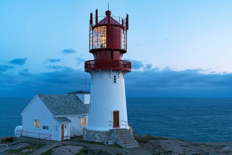 Blue hour at Lindesnes Fyr lighthouse, South Cape, Vest-Agder, Norway, Europe