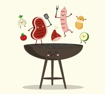 Funny Characters Assorted Delicious Grilled Meat with Vegetables over the Coals on Barbecue