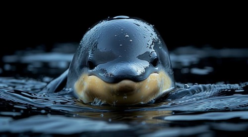 Vaquita porpoise or cochito (Phocoena sinus) with a calm expression emerging from dark rippling