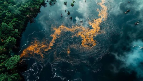 Aerial shot of boiling river in Amazon with vivid flames and smoke indicating severe environmental