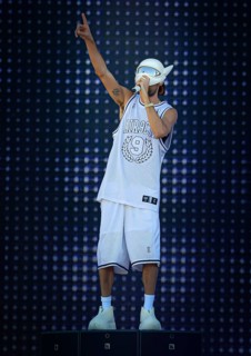 Rapper Cro takes to the stage at the Lollapalooza Festival in Berlin's Olympic Stadium