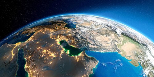 Highly detailed Earth with atmosphere, exaggerated relief and light-flooded cities. Transition from