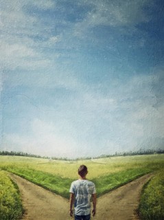 Conceptual painting with a doubtful person at a crossroad choosing the correct path between left