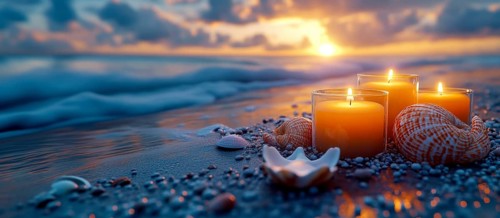 Relaxing beach scene at sunset with candles and seashells, creating a soothing atmosphere with