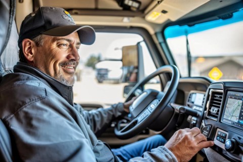 Relaxed driver smiles while operating the navigation system in the truck, AI generated, AI