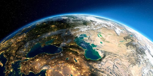 Highly detailed Earth with atmosphere, exaggerated relief and light-flooded cities. Transition from