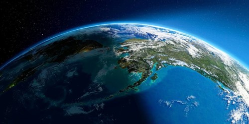 Highly detailed Earth with atmosphere, exaggerated relief and light-flooded cities. Transition from