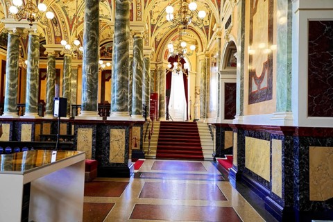 Interior design, Semperoper, Dresden, Saxony, Germany, Europe, An elegant hallway with marble
