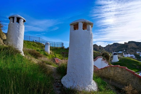 Guadix cave houses chimneys in Granada Spain at Andalusia