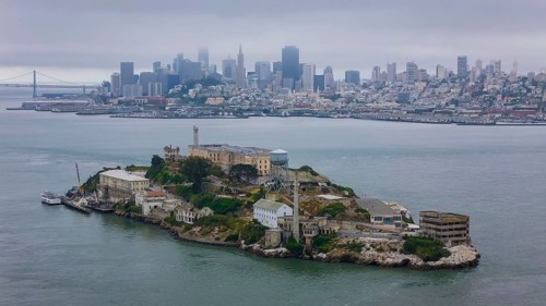 Aerial view of United States Penitentiary, Alcatraz Island, shows a historic maximum-security