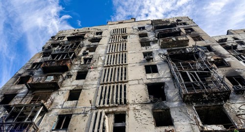 Destroyed and burned houses in the city Russia Ukraine war