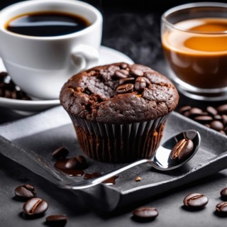 A cup of black coffee and a chocolate muffin with scattered coffee beans and a spoon, AI generated