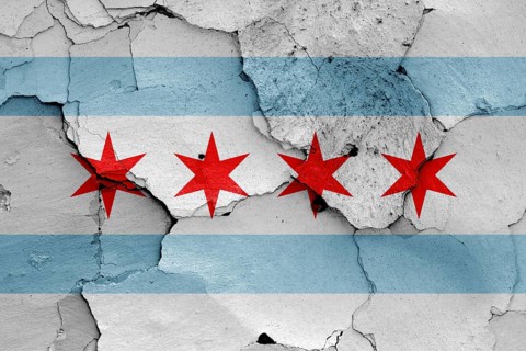 Flag of Chicago painted on cracked wall