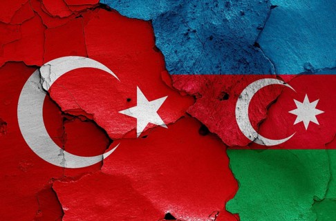 Flags of Turkey and Azerbaijan painted on cracked wall