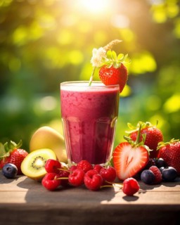 Fresh fruit shake in a glass, smoothie, milkshake, wild berry, strawberry, blueberry, raspberry,