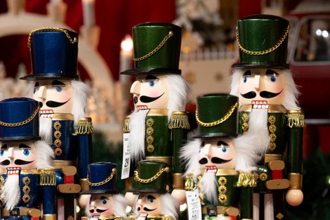 Various nutcrackers in a festive arrangement, popular Christmas decoration at a Christmas market,