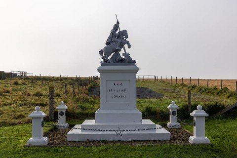 St George Sculpture, War Memorial, war memorial in front of the Italian chapel, Lamb Holm, Orkney,
