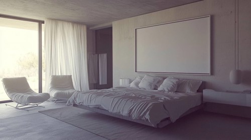 A modern minimalist bedroom with muted colors, concrete walls, a large bed, and plenty of natural