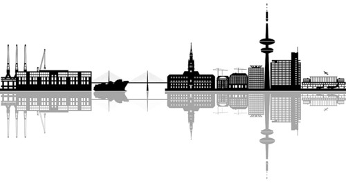 Illustration of hamburg city skyline in germany with the industry, harbor with ship and boat and