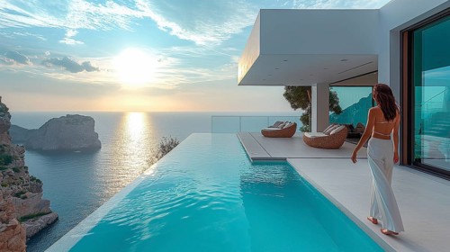 Attractive woman on the terrace of a villa in the style of Mediterranean modernism. Infinity pool