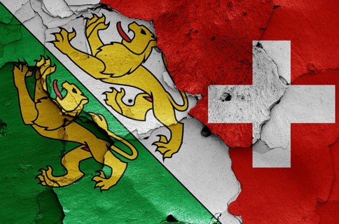 Flags of Thurgau canton and Switzerland painted on cracked wall