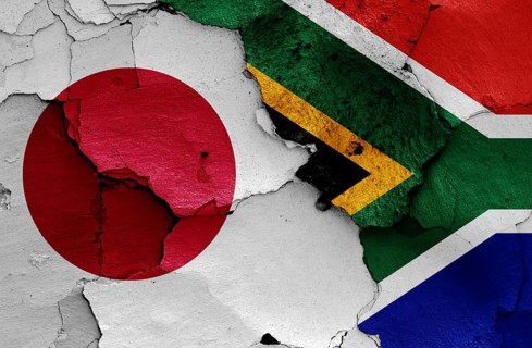 Flags of Japan and South Africa painted on cracked wall