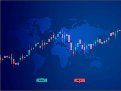 Buy and sell trading crypto candlesticks blue background