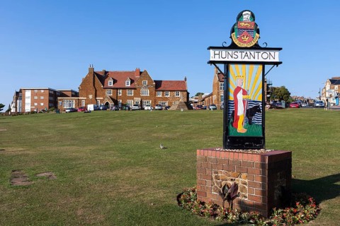 HUNSTANTON, NORFOLK, UK - JUNE 2 : Sign for Hunstanton on the green by the sea in Hunstanton,