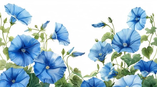 Watercolor painting of blue flowers with green leaves on a white background, AI generated