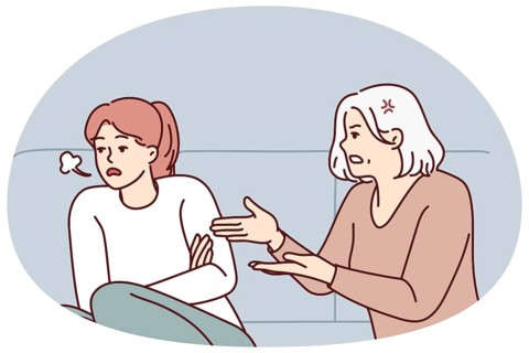 Mature mother scold unhappy grownup daughter at home. Elderly mom lecture stressed annoyed adult