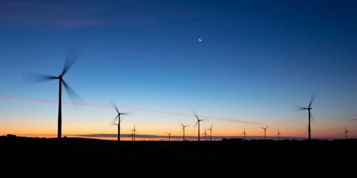 The Bald Hills Wind Farm near Walkerville at dusk in the Bass Coast region of Victoria, Australia,